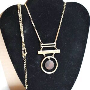 Unique Gold Tone Link Chain Single Strand Bar/Circle Brown Center Retro Necklace